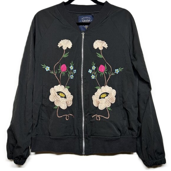 Cavalini Originals Floral Embroidered Zip Front Bomber Jacket‎ Black Large - Picture 1 of 16